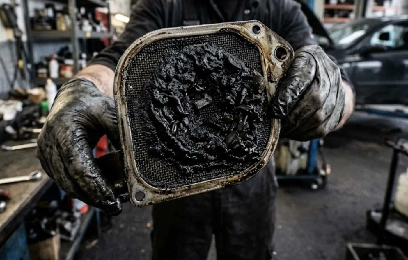 Photographie réaliste d'une crépine d'huile de moteur PureTech obstruée par des débris noirs de courroie, mise au point sur le grillage métallique bouché, fond d'atelier mécanique.