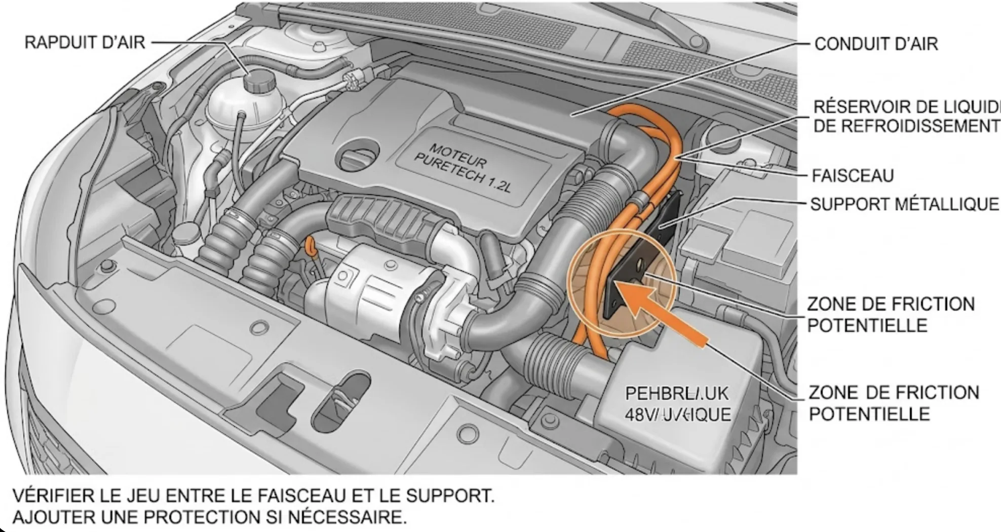 Vue technique d'un compartiment moteur de Peugeot 208 Hybride MHEV illustrant la zone de friction du faisceau électrique sous le filtre à air, montrant la protection isolante ajoutée.