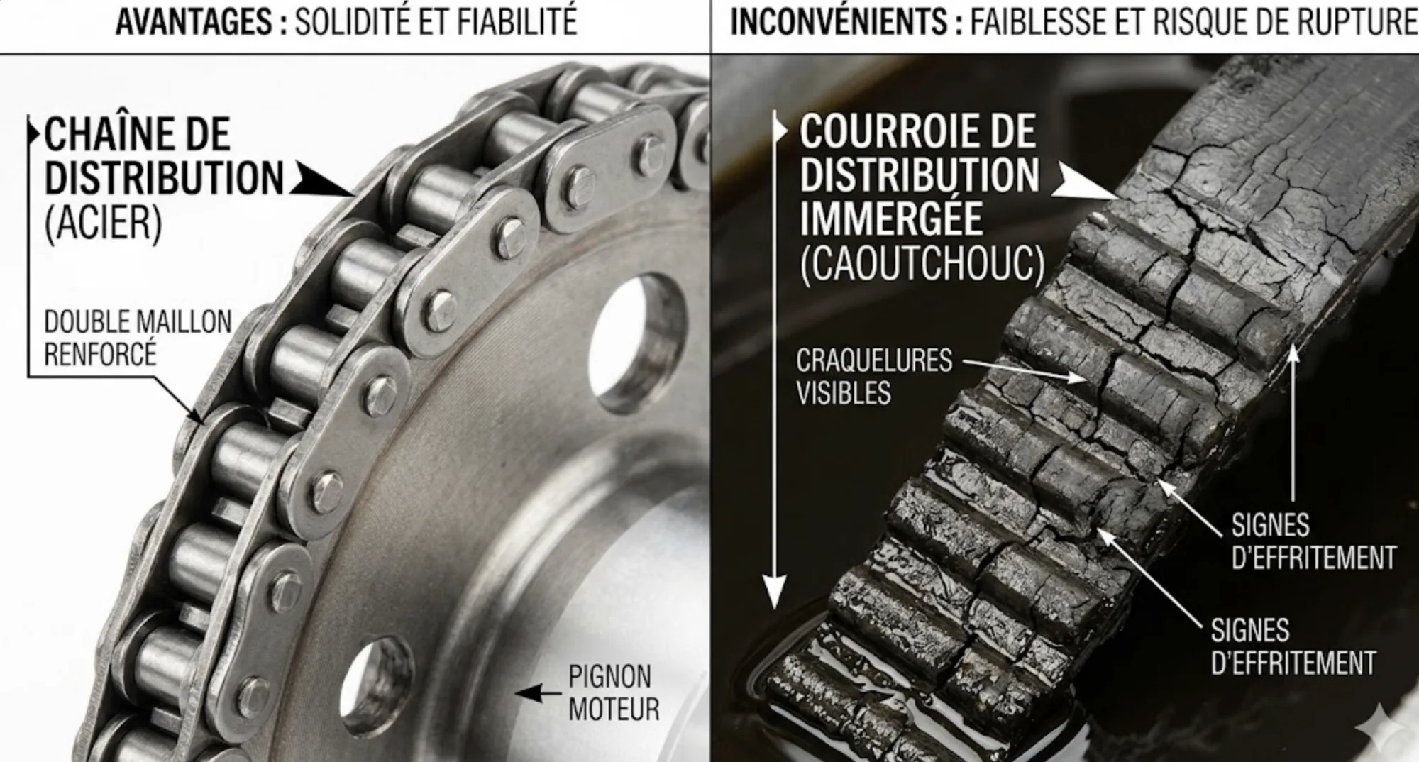 Schéma technique pédagogique comparant deux systèmes de distribution automobile : à gauche une chaîne de distribution en acier robuste installée sur un moteur 1.6 PureTech et à droite une courroie humide présentant des craquelures, style infographie technique claire pour illustrer la supériorité de la chaîne en termes de longévité.
