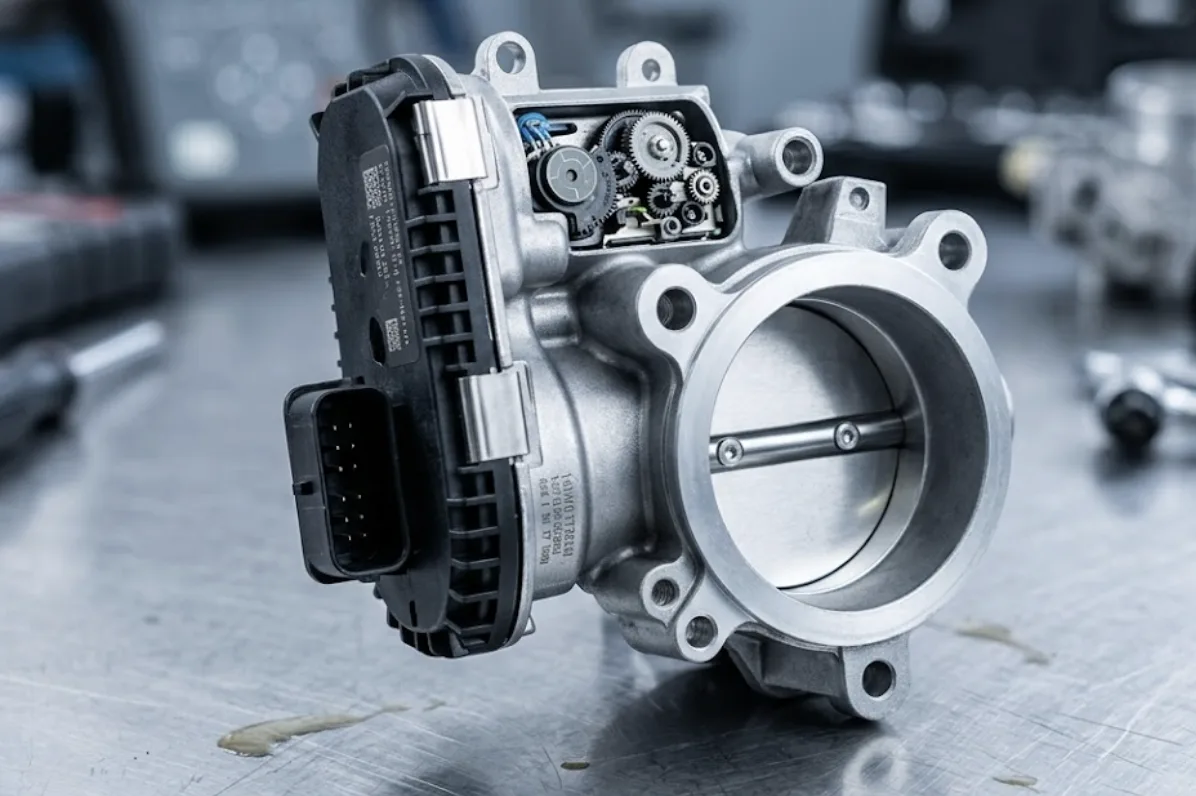 Vue détaillée en gros plan d'un boîtier papillon motorisé neuf pour moteur 1.6 PureTech, posé sur un plan de travail propre, montrant les connecteurs électriques et la valve, style photographie technique nette permettant d'identifier visuellement cette pièce de rechange commune.